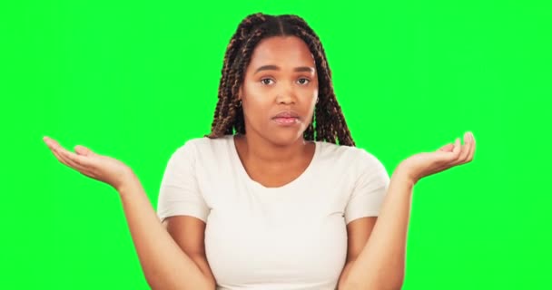 Shrogging Tvivl Ansigt Kvinde Grøn Skærm Forvirring Spørgsmålstegn Valg Emoji – Stock-video