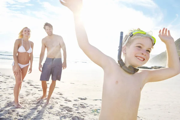 Much Fun Happy Little Boy Wearing Goggles While Spending Day — Stock Photo, Image