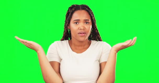 Ansikte Förvirrad Kvinna Och Rycka Grön Skärm Händer Och Glömde — Stockvideo