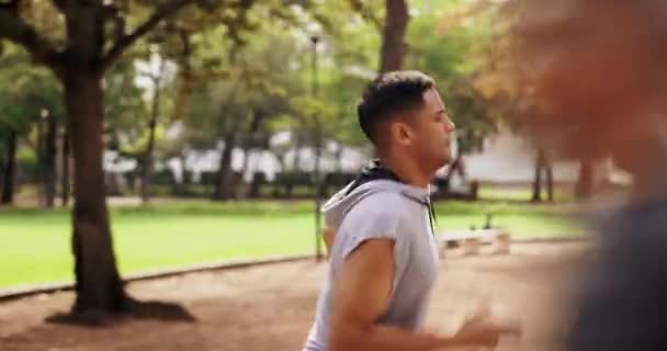 Man Running Outdoor Park Athlete Profile Doing Fitness Workout Run — Stock Video