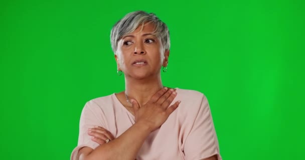 Πράσινη Οθόνη Άγχος Και Ηλικιωμένη Γυναίκα Αναπνέουν Από Ανησυχία Φόβο — Αρχείο Βίντεο