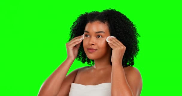 Beauty Green Screen Und Frau Mit Hautpflege Baumwollkissen Und Pflege — Stockvideo