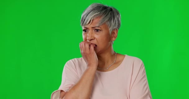 Πράσινη Οθόνη Άγχος Και Ηλικιωμένη Γυναίκα Δαγκώνουν Νύχια Για Ανησυχία — Αρχείο Βίντεο