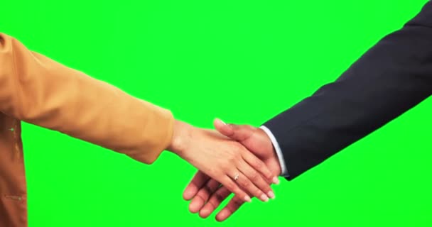Handslag Partnerskap Och Närbild Affärsmän Grön Skärm Och Tack För — Stockvideo
