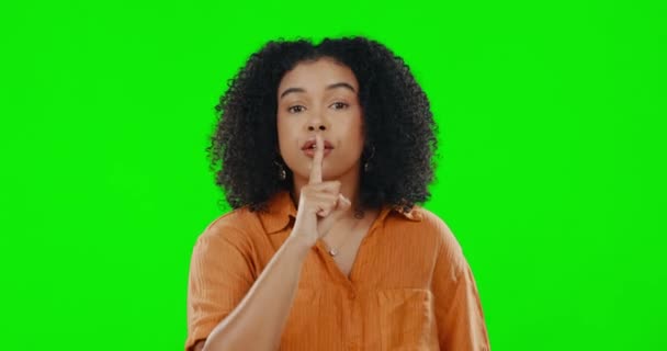 Πράσινη Οθόνη Πρόσωπο Και Μυστική Γυναίκα Για Δάχτυλο Στα Χείλη — Αρχείο Βίντεο