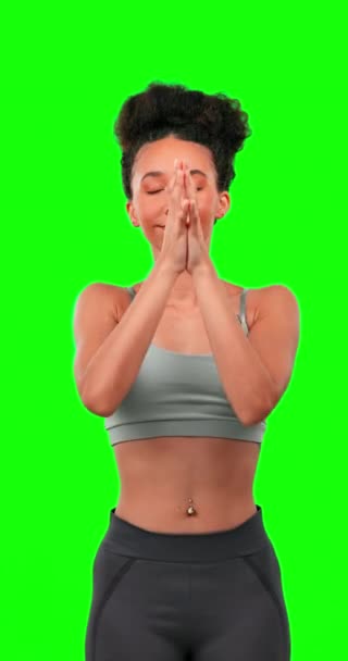Yoga Meditación Mujer Con Manos Oración Pantalla Verde Estudio Aislado — Vídeos de Stock