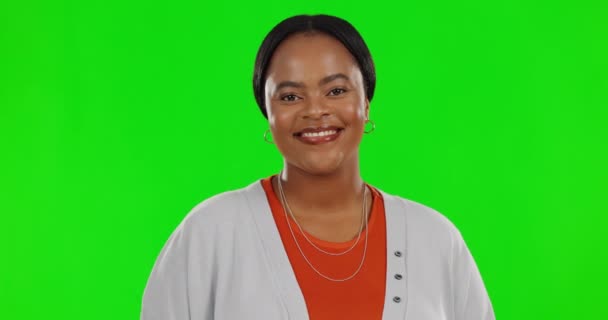 Gezicht Groen Scherm Zwarte Vrouw Met Een Glimlach Grappig Lachend — Stockvideo