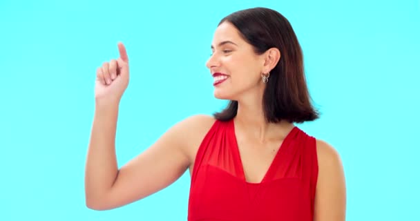 Woman Pointing Studio Steps How Smile Showing Mockup Explaining Process — Stock Video