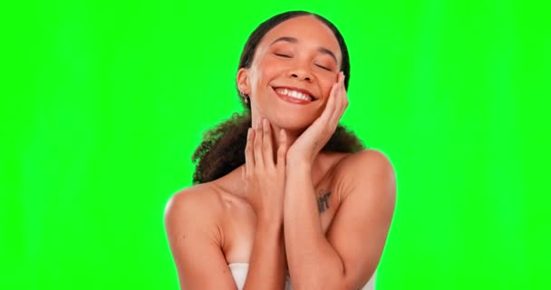 Porträt Hautpflege Und Glücklich Mit Einer Frau Auf Grünem Leinwandhintergrund — Stockvideo