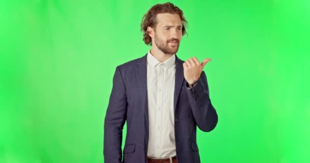 Rostro Pantalla Verde Hombre Señalando Empresario Dirección Fondo Estudio Retrato — Vídeos de Stock
