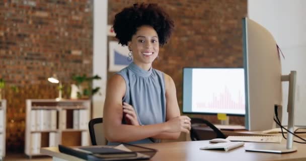 Mujer Negocios Cara Sonrisa Ordenador Oficina Para Felicidad Motivación Gestión — Vídeo de stock