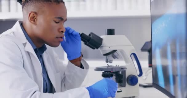 Wissenschaft Mikroskop Und Stress Mit Einem Arzt Einem Labor Der — Stockvideo