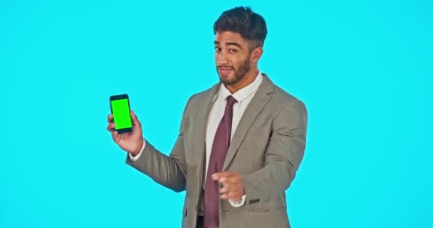 Pantalla Verde Teléfono Hombre Negocios Con Pulgares Hacia Arriba Mala — Vídeos de Stock