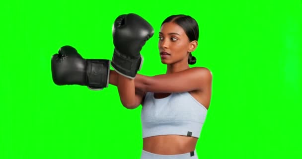 Yeşil Ekran Yüz Boks Kadını Spor Egzersiz Antrenman Meydan Okuma — Stok video