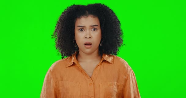 Sorpresa Schermo Verde Volto Donna Spaventata Shock Allarme Sfondo Colori — Video Stock