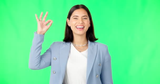 Oké Handen Gezicht Vrouw Glimlach Groen Scherm Achtergrond Beoordeling Van — Stockvideo