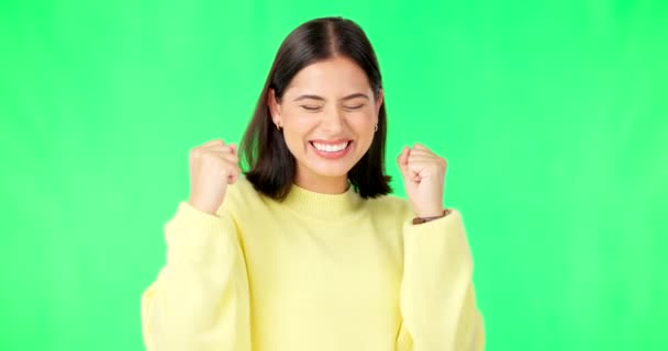 Happy Woman Celebration Fists Green Screen Winning Success Promotion Studio — Stock Video