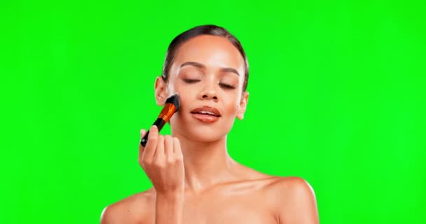 Beauty Makeup Brush Woman Green Screen Background Cosmetics Glow Aesthetic — Stock Video