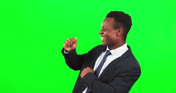 Зеленый Экран Танец Счастливый Бизнесмен Празднующий Успех Победу Мотивацию Студии — стоковое видео