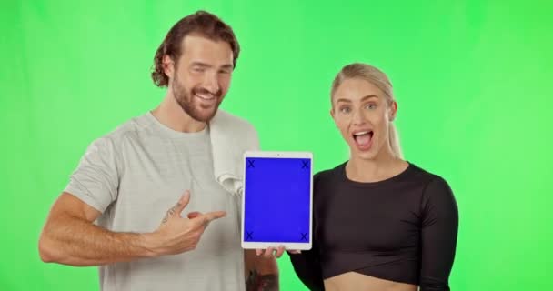 Zöld Képernyő Emberek Vagy Rámutatva Tabletta Marketing Tornaterem Promóció Elszigetelt — Stock videók