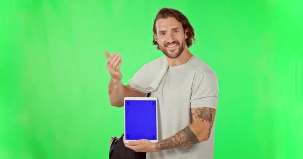Pantalla Verde Tableta Gesto Mano Del Hombre Para Sitio Web — Vídeos de Stock