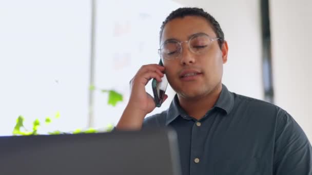 Hombre Negocios Llamada Telefónica Hablar Portátil Consultoría Oficina Conversación Con — Vídeos de Stock