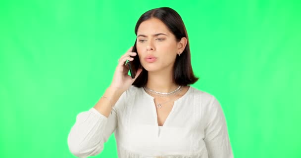 Телефонний Дзвінок Сердита Розмова Жінка Зеленим Екраном Відчувають Злий Розчарований — стокове відео