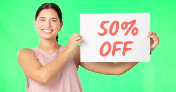 Kadın Yeşil Ekran Reklam Yüzdesindeki Portre Satış Tabelası Kağıt Pankarttaki — Stok video