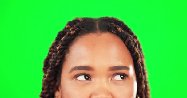 Ojos Pensamiento Mujer Estudio Con Pantalla Verde Expresión Facial Pensativa — Vídeos de Stock