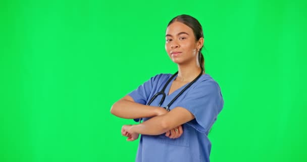 Soins Santé Confiance Soi Infirmière Sur Écran Vert Avec Espace — Video