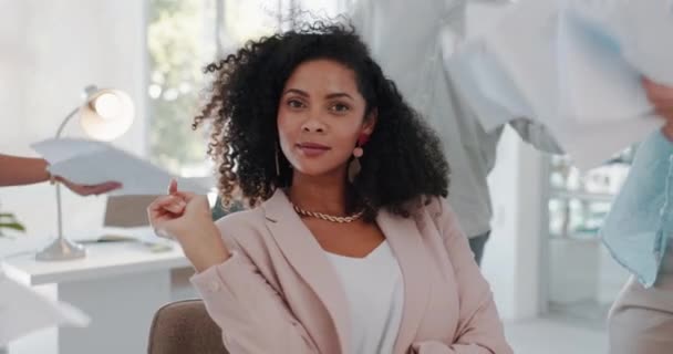 Black Woman Boss Office Paper Fan Team Hands Serious Face — Vídeos de Stock