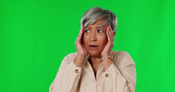 Πράσινη Οθόνη Άγχος Και Ηλικιωμένη Γυναίκα Φοβισμένο Φόβο Και Ανησυχία — Αρχείο Βίντεο