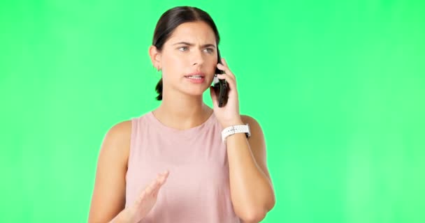Llamada Telefónica Pantalla Verde Fitness Mujer Molesta Sintiéndose Enojada Frustrada — Vídeos de Stock