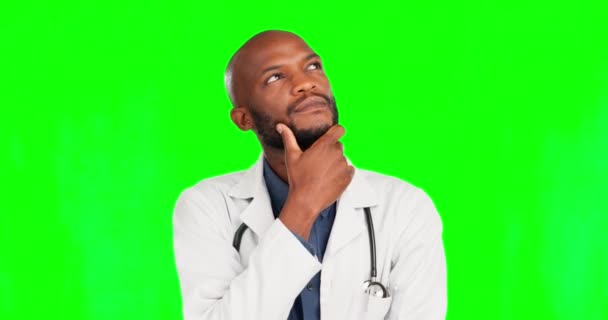 Médico Tela Verde Rosto Homem Negro Pensando Desenvolvimento Medicina Inovação — Vídeo de Stock
