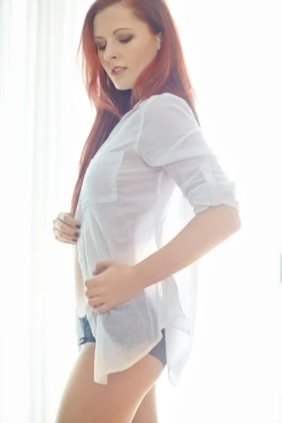 Beauty Bathed Morning Light Attractive Redheaded Woman Wearing Unbuttoned Shirt — Stock Photo, Image