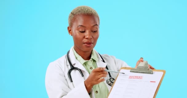 Black Woman Portrait Doctor Clipboard Studio Financial Payment Isolated Blue — Stock Video