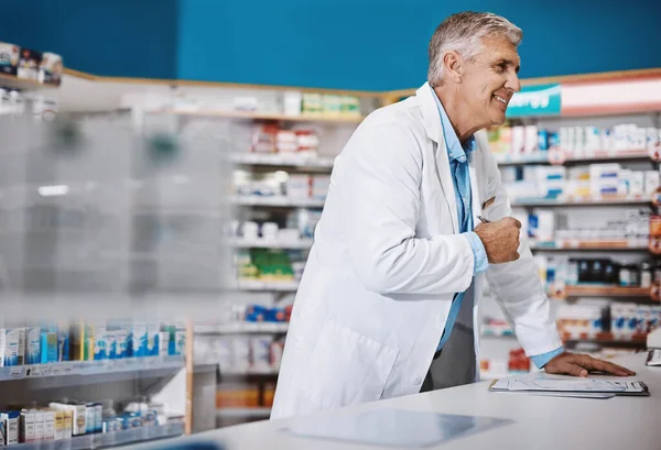 Завжди Радий Допомогти Комусь Будь Якому Випадку Фармацевт Працює Аптеці — стокове фото