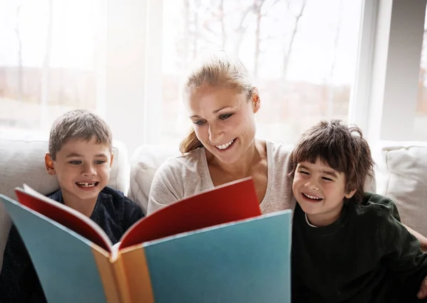 Raising Two Little Readers Two Adorable Brothers Reading Book Together — Stock Photo, Image
