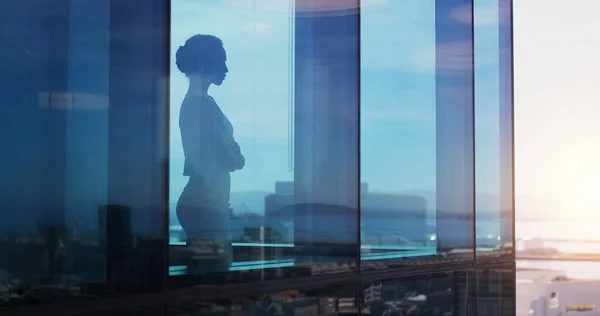 stock image This head is still full of many great ideas. a businesswoman looking thoughtful while looking out a window