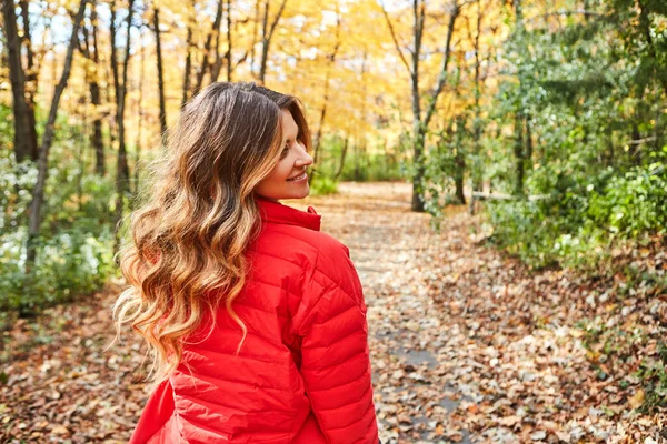 Apaixonar Pelo Outono Uma Jovem Mulher Atraente Floresta Durante Outono — Fotografia de Stock