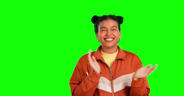 Zielony Ekran Twarzy Oklaski Lub Szczęśliwa Kobieta Świętować Osiągnięcie Cel — Wideo stockowe
