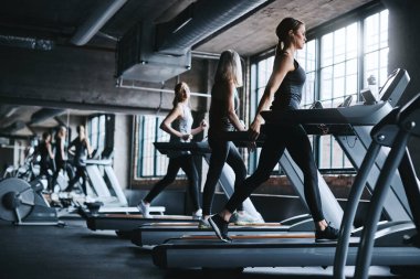 Her seferinde bir adım. Spor salonunda spor yapan üç çekici ve atletik kadının tam boy çekimi.