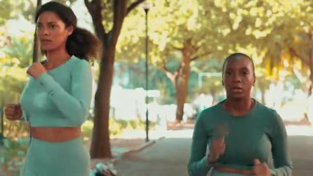 Běžecké Ženy Přátelé Fitness Parku Týmovou Prací Společně Nebo Podporu — Stock video