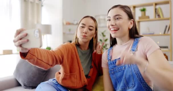 Selfie Happy Women Friends Sofa Social Media Update Influencer Post — Stock Video