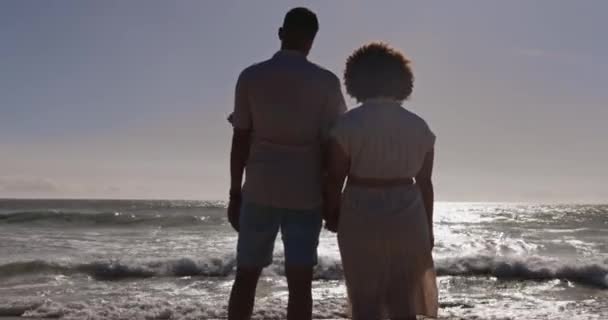 Zurück Liebe Und Ein Paar Händchen Haltend Strand Bei Sonnenuntergang — Stockvideo