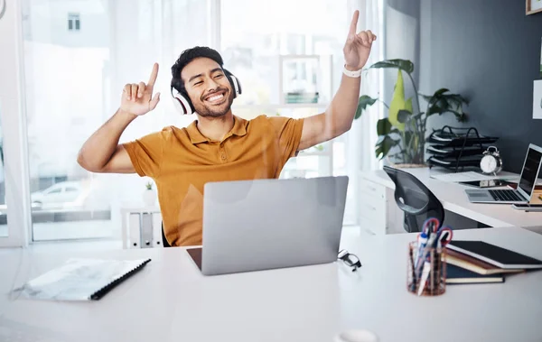 Business Man Dancing Laptop Headphones Listen Music Celebrate Success Happy — Stock Photo, Image