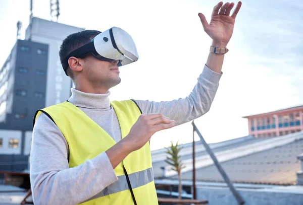 Man, architect and VR in the city for construction, simulation or digital layout for project on site. Male contractor, engineer or builder in virtual reality or building for architecture plan or idea.