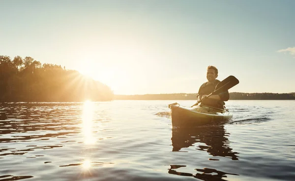 Keep Calm Kayaking Young Man Kayaking Lake Outdoors — Stock Photo, Image