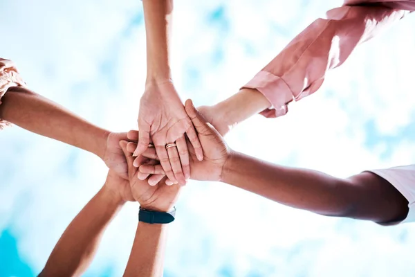 Hands Stacked Motivation Team Building Blue Sky Trust Community Mission — Stock Photo, Image