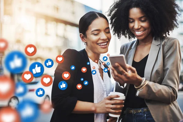 City, social media icon or women with phone for communication, online content or gossip news. Black woman, friends or happy people on mobile app or digital network with memes, like or heart emoji.